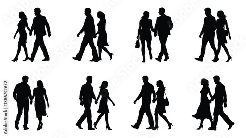 silhouettes of romantic couple walking, people silhouettes, collection of couple vector illustration