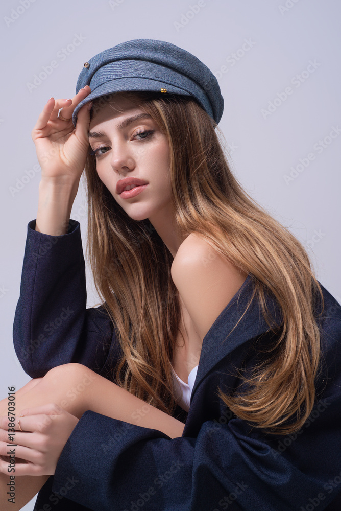 Seductive sexy lovely attractive young sensual woman with beauty face posing on studio background. Beautiful elegant sexy model with cap, studio portrait. Sensual beautiful woman face.