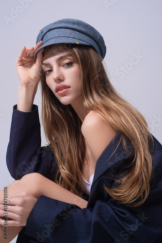Obraz na płótnie Seductive sexy lovely attractive young sensual woman with beauty face posing on studio background. Beautiful elegant sexy model with cap, studio portrait. Sensual beautiful woman face. w salonie