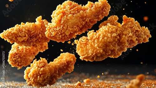 Captivating aerial view of golden fried chicken tenders with seasoned crumbs