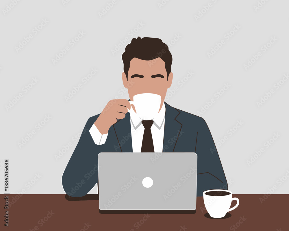Stylish Faceless Businessman Drinking Coffee While Working on Laptop, Flat Vector Illustration, Business and Modern Lifestyle Concept Stylish Faceless Businessman Drinking Coffee While Working on Laptop, Flat Vector Illustration, Business and Modern Lifestyle Concept
