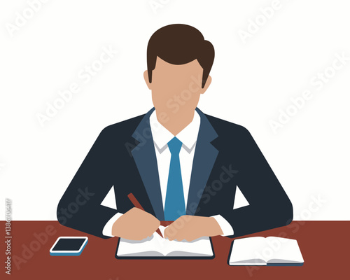 Vector illustration of a faceless businessman in a suit writing in a notebook on a desk with a mobile phone and open book.