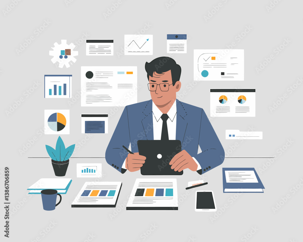 Flat Vector Illustration: Confident Businessman Analyzes Financial Data on Tablet at Desk with Charts and Reports Flat Vector Illustration: Confident Businessman Analyzes Financial Data on Tablet at Desk with Charts and Reports