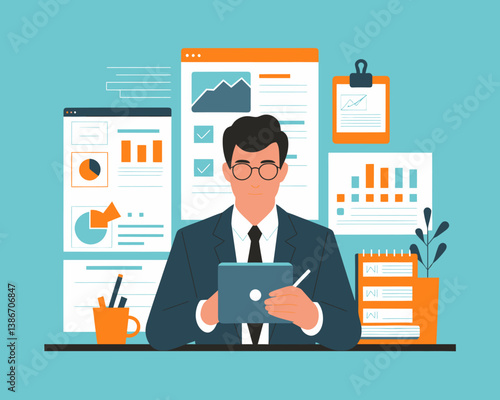 Data Analyst Using Tablet for Market Trends and Investment Analysis, Financial Strategy and Reporting Charts Illustration
