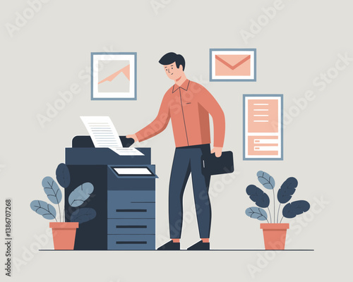Flat Vector Illustration: Professional Man Photocopying Documents in an Office, Business Process.