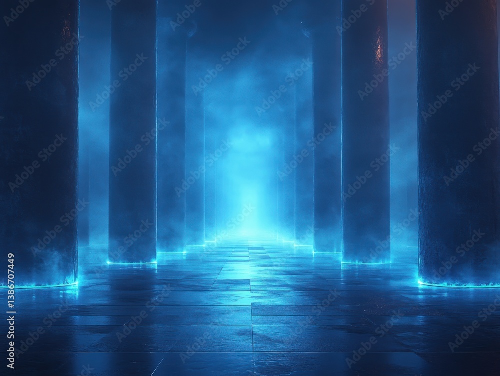 Futuristic Podium with Blue Light Beams and Reflective Surfaces in a Dark Abstract Landscape Futuristic Podium with Blue Light Beams and Reflective Surfaces in a Dark Abstract Landscape