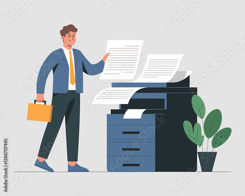 Office worker using a large copy machine, illustration of business paperwork, corporate job activities, and document management solutions