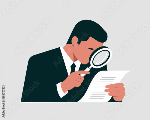 Businessman Examining Document with Magnifying Glass: Illustration for Analysis, Auditing, or Review Concepts