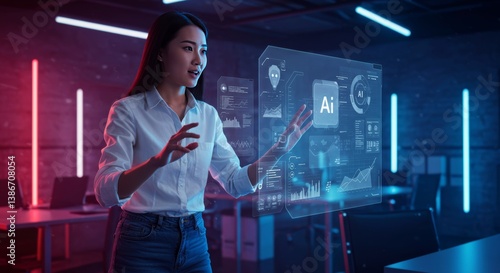 Asian woman interacting with holographic AI display in a modern office space