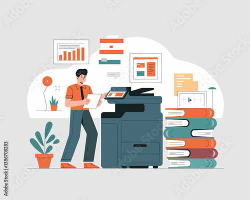 Modern Office Workflow: Man Using Printer with Data Visualizations, Books, and Desk Plants for Efficient Business Operations