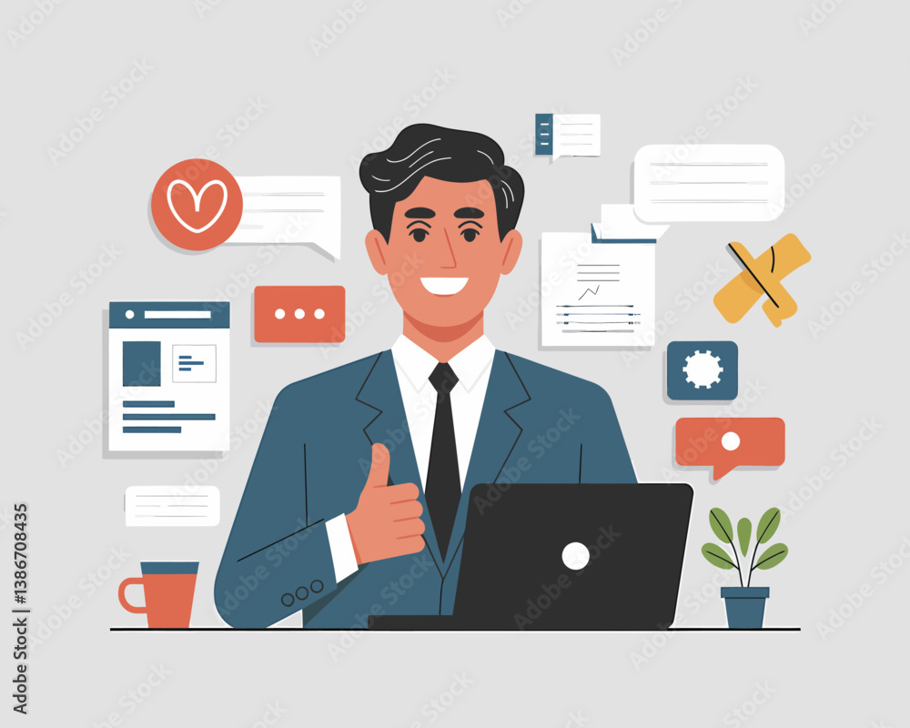 Positive Entrepreneur Working on Laptop with Communication Icons: Business, Success, Productivity Concept Positive Entrepreneur Working on Laptop with Communication Icons: Business, Success, Productivity Concept