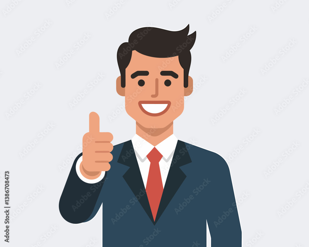 Cheerful Businessman Giving Thumbs Up Approval Sign: Modern Flat Vector Illustration for Success, Agreement, and Positive Feedback Cheerful Businessman Giving Thumbs Up Approval Sign: Modern Flat Vector Illustration for Success, Agreement, and Positive Feedback