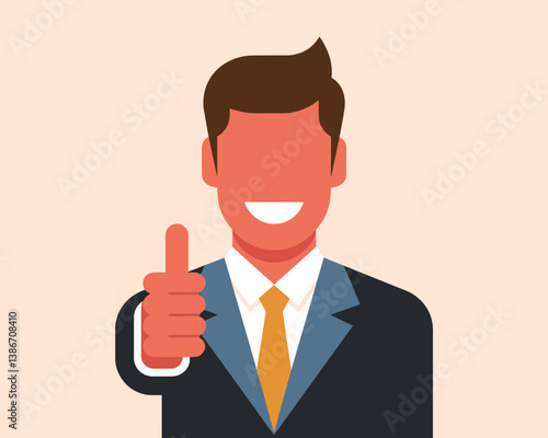Successful Businessman Giving Thumbs Up - Flat Vector Illustration of Approval and Agreement