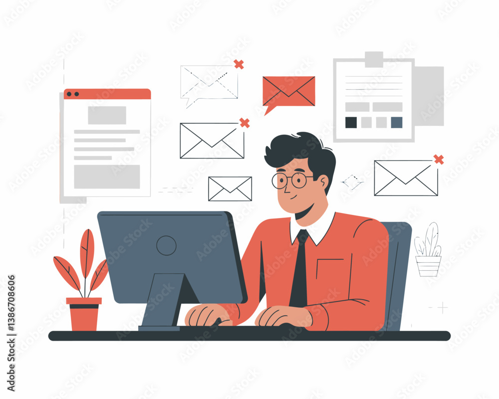 Focused professional responding to emails at his desk, email marketing campaign, newsletter, office communication Focused professional responding to emails at his desk, email marketing campaign, newsletter, office communication
