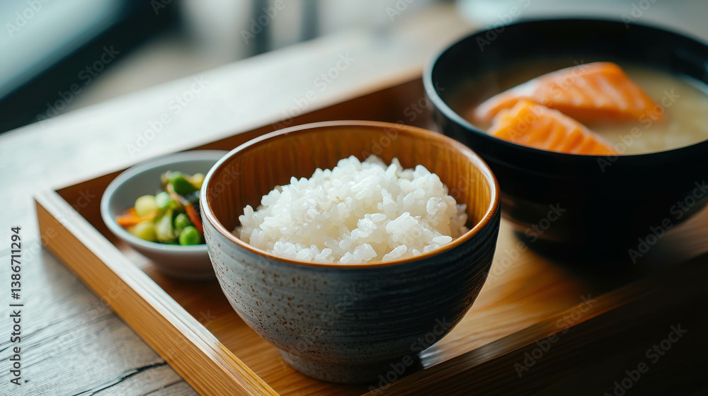 Delicious Japanese Cuisine with Rice, Salmon, Miso Soup, and Vegetables on Wooden Tray Delicious Japanese Cuisine with Rice, Salmon, Miso Soup, and Vegetables on Wooden Tray