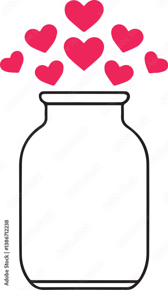 A jar overflowing with love: hearts emanating from a glass container. A jar overflowing with love: hearts emanating from a glass container.