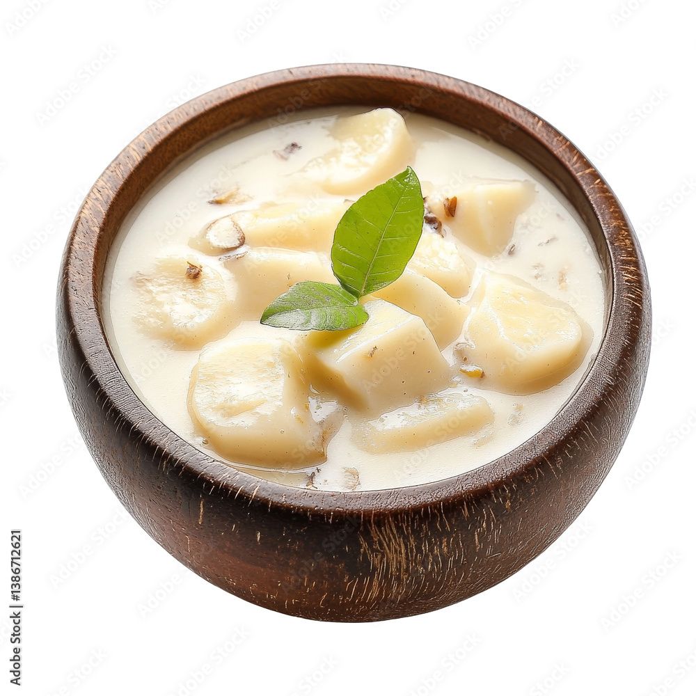 Creamy, delicious dessert served in a wooden bowl, garnished. transparent background Creamy, delicious dessert served in a wooden bowl, garnished. transparent background