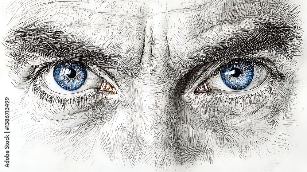 Fototapeta premium Intense gaze: A close-up pencil illustration of a person's eyes, highlighting the intricate details and captivating blue hue, exuding depth and emotion.
