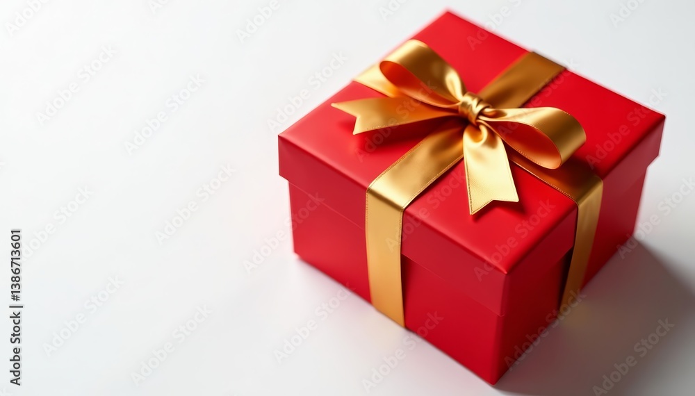 Close-up of matt red gift box with golden ribbon on white backdrop, decoration, birthday Close-up of matt red gift box with golden ribbon on white backdrop, decoration, birthday