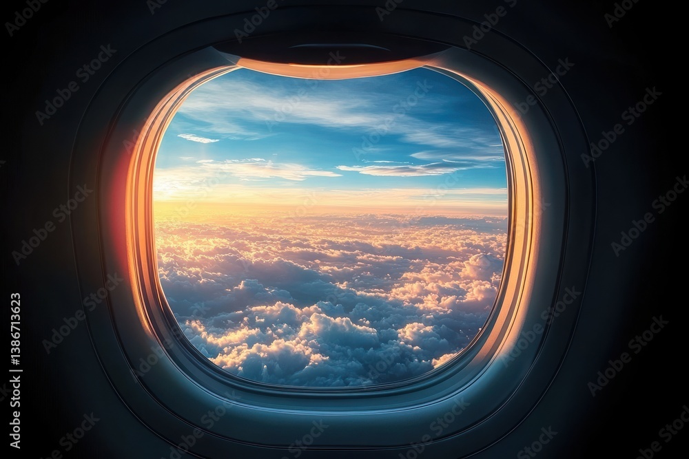 View from Airplane Window with Clouds and Blue Sky during Flight Journey View from Airplane Window with Clouds and Blue Sky during Flight Journey