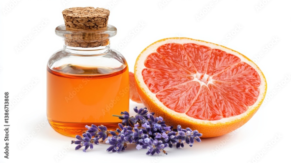 Aromatic Lavender Oil Bottle with Fresh Grapefruit Slice and Flowers Aromatic Lavender Oil Bottle with Fresh Grapefruit Slice and Flowers