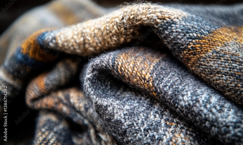 Folded Plaid Blanket, Cozy Texture, Close-up, Warmth, Home Decor Folded Plaid Blanket, Cozy Texture, Close-up, Warmth, Home Decor
