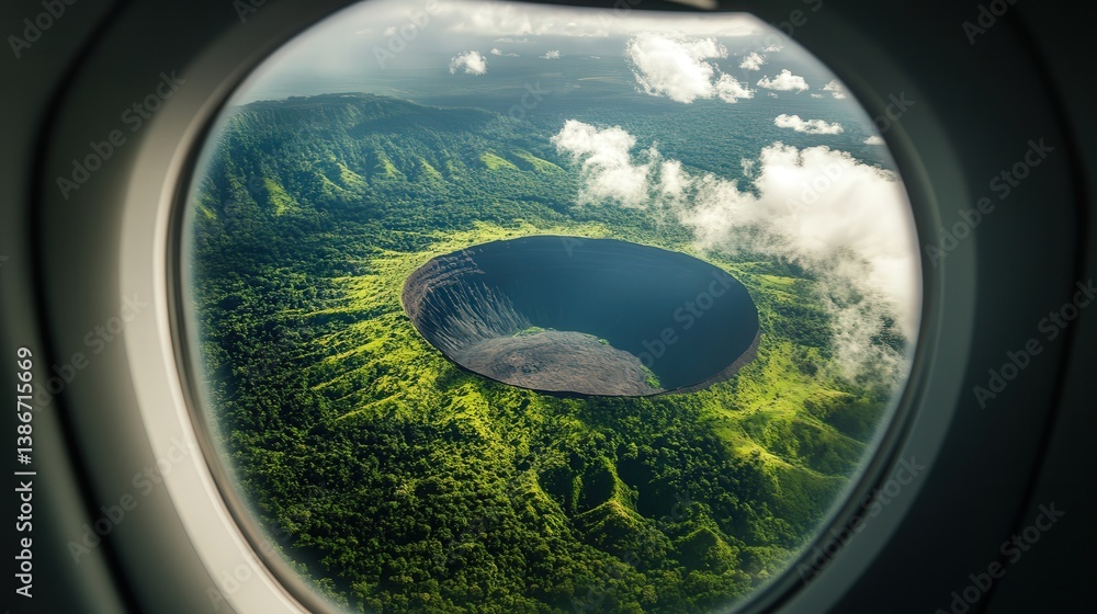 volcanic crater surrounded by lush greenery is visible through the airplane window. volcanic crater surrounded by lush greenery is visible through the airplane window.