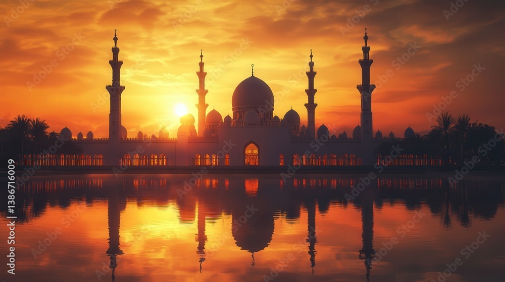 Obraz premium majestic mosque shadow stretches into the warm hues of dusk, reflecting its profound beauty and peace