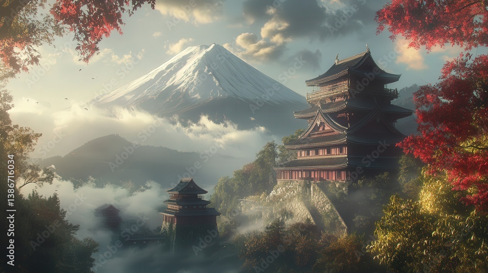Japanese castle framed by the grandeur of Mt. Fuji, showcasing the beauty of Japanese architecture and landscapes. Japanese castle framed by the grandeur of Mt. Fuji, showcasing the beauty of Japanese architecture and landscapes.