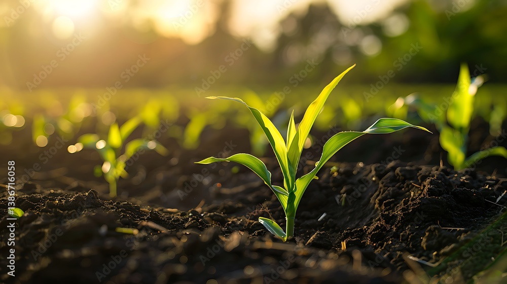 Young Green Corn Seedlings Emerging from Soil in Golden Sunrise Light Agriculture