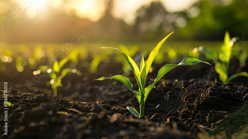 Obraz na płótnie Young Green Corn Seedlings Emerging from Soil in Golden Sunrise Light Agriculture w salonie