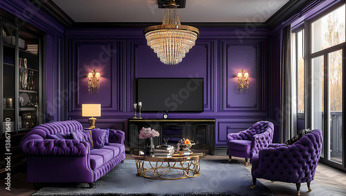Wallpaper Mural Elegant Interior: A luxurious living space with plush purple furniture, a sparkling chandelier, and tasteful accents, offering a sense of refined elegance. Torontodigital.ca