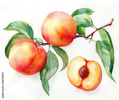 Watercolor Peaches on Branch with Green Leaves and White Background