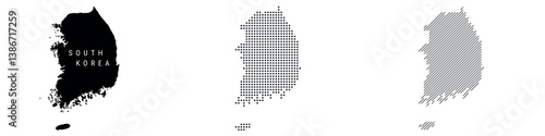 South Korea detailed silhouette map, dotted pattern and slanted parallel lines pattern. South Korean textured stylized map. Vector illustration isolated on white.