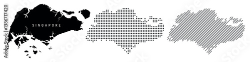 Singapore silhouette map and two patterns of dots and slanted lines. Flat vector illustration isolated on white