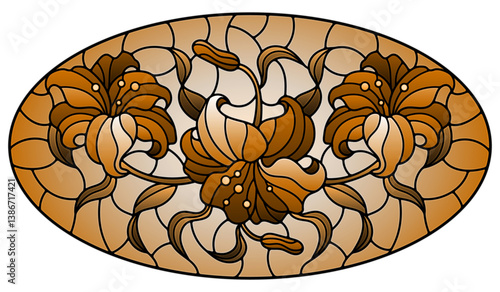 llustration in stained glass style with flowers, leaves and buds of lilies on a sky background, oval image, tone brown