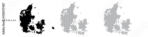 Denmark silhouette map and two patterns of dots and slanted lines. Flat vector illustration isolated on white