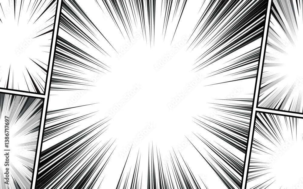 Fototapeta premium Comic book page background template. Radial rays background with halftone effect. Vector illustration