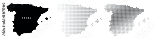 Spain silhouette map and two patterns of dots and slanted lines. Flat vector illustration isolated on white
