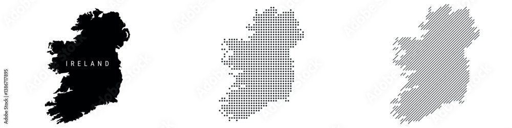 Obraz premium Ireland detailed silhouette map, dotted pattern and slanted parallel lines pattern. Irish textured stylized map. Vector illustration isolated on white.