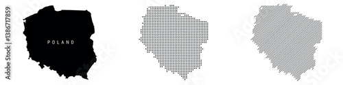 Poland detailed silhouette map, dotted pattern and slanted parallel lines pattern. Polish textured stylized map. Vector illustration isolated on white.