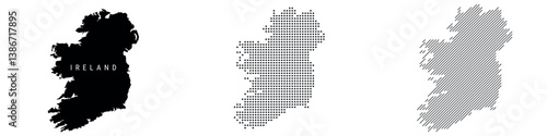 Ireland detailed silhouette map, dotted pattern and slanted parallel lines pattern. Irish textured stylized map. Vector illustration isolated on white.