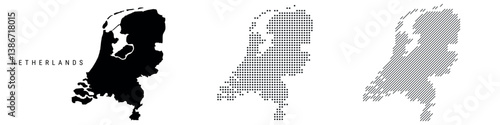 Netherlands silhouette map and two patterns of dots and slanted lines. Flat vector illustration isolated on white
