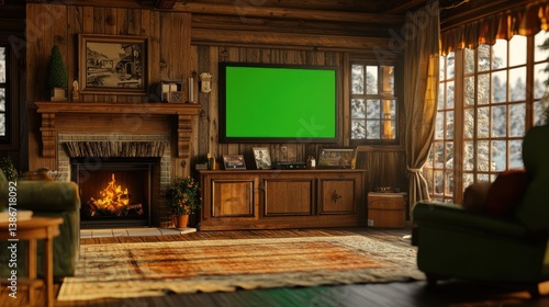 Cozy Cabin Winter Scene: Fireplace, Green Screen TV, and Mountain View