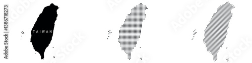 Taiwan silhouette map and two patterns of dots and slanted lines. Flat vector illustration isolated on white