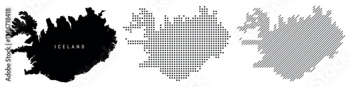 Iceland silhouette map and two patterns of dots and slanted lines. Flat vector illustration isolated on white