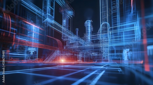 A futuristic cityscape with a red and blue color scheme. The buildings are made of metal and wires, giving the impression of a high-tech environment. The city appears to be in the middle of a busy day
