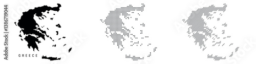 Greece silhouette map and two patterns of dots and slanted lines. Flat vector illustration isolated on white