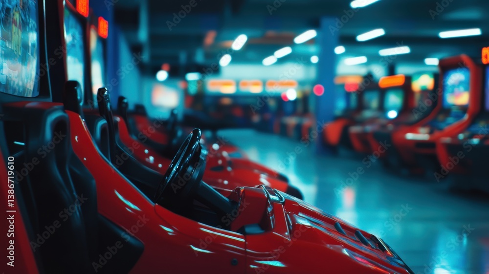 Obraz premium Retro Arcade Gaming Machines in an Illuminated Game Room