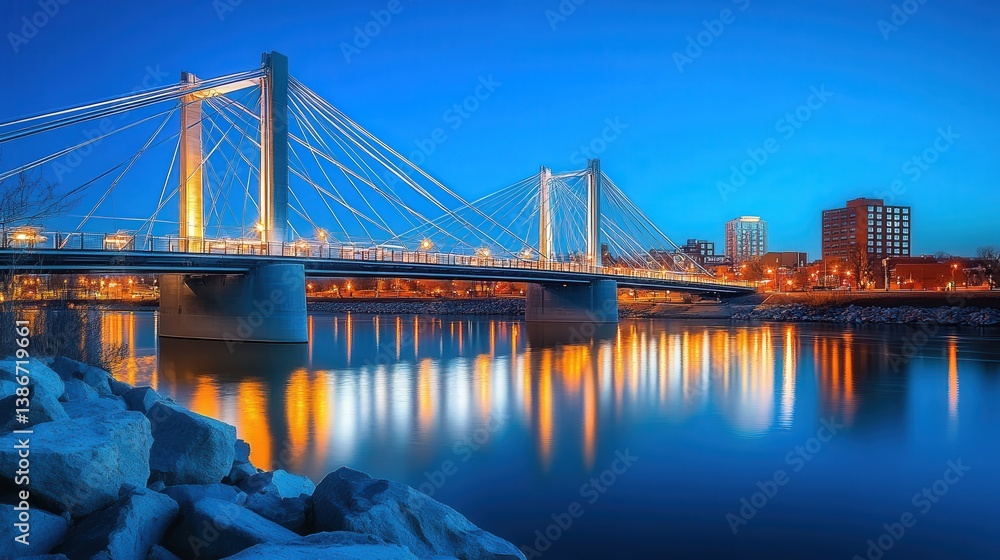 Fototapeta premium modern bridge with glowing LED lights highlighting its steel cables, creating a futuristic ambiance over a calm river.